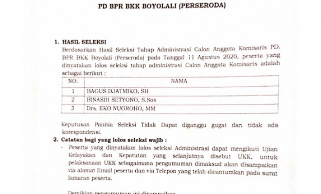 HASIL SELEKSI ADMINSTRASI CALON ANGGOTA KOMISARIS PT. BPR BKK BOYOLALI ( PERSERODA ) KABUPATEN BOY...